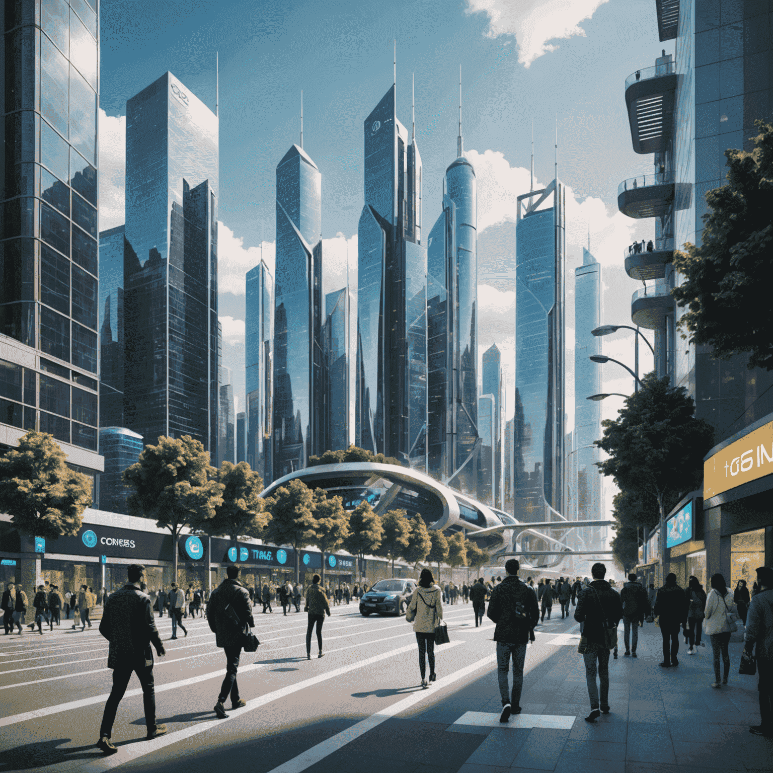 A futuristic cityscape with 5G towers and people using smartphones, showcasing the speed and connectivity of 5G technology