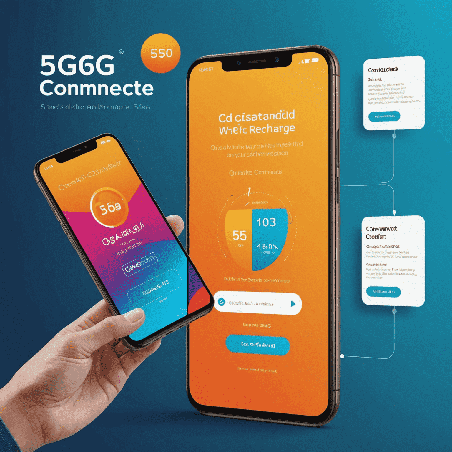 A smartphone displaying a quick and easy mobile credit recharge process, with vibrant graphics showing fast 5G connectivity and instant top-up confirmation