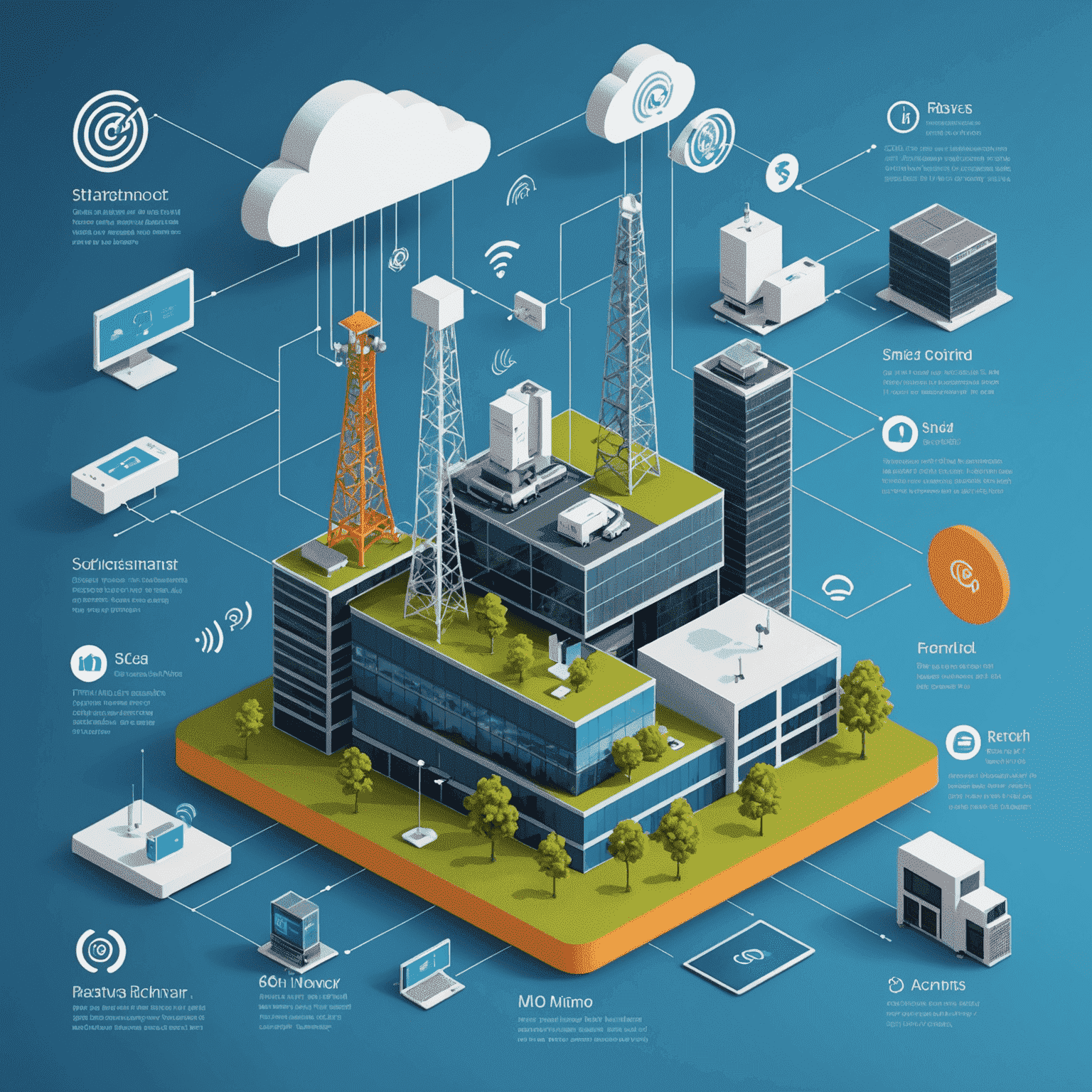 Infographic showing 5G technology components including small cells, massive MIMO antennas, and cloud-based network architecture